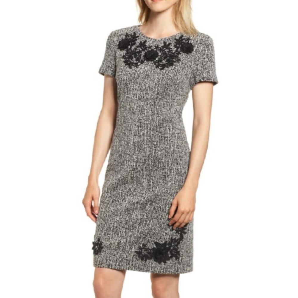 Karl Lagerfeld Paris Tweed Floral Applique Shift Dress